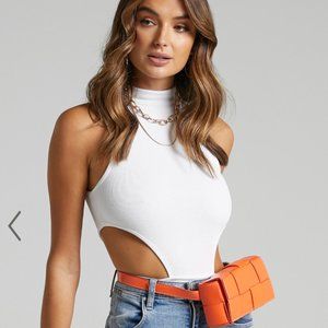White Turtle Neck Cut Out Body Suit - Showpo- Brand New - With Tags